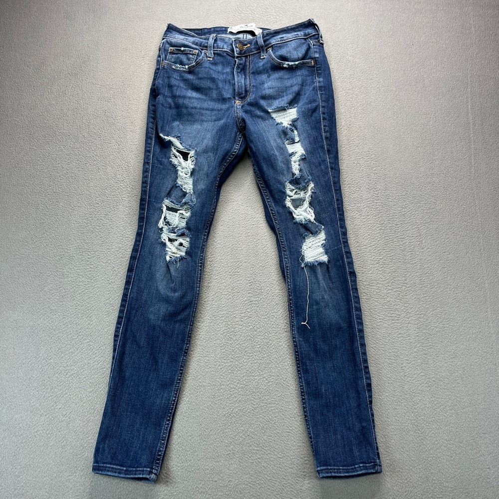 Hollister Curvy Mid-Rise Super Skinny Jeans Womens 3S Blue Distressed Denim